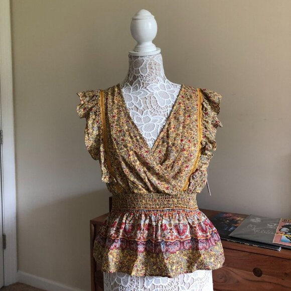 Floral Peplum Sleeveless Blouse Summer Flowers Tank Cropped - Picture 2 of 8